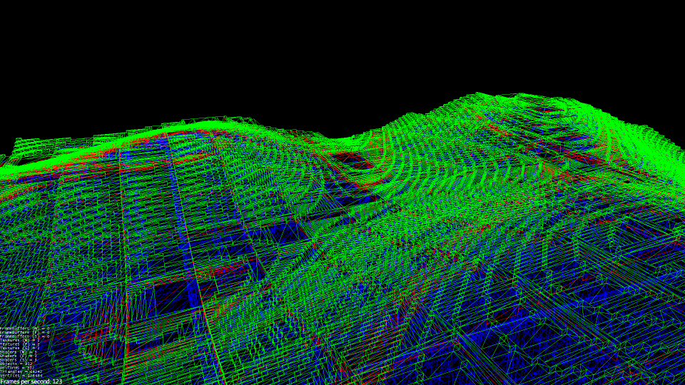 the wireframe mesh visualization of multiple chunks